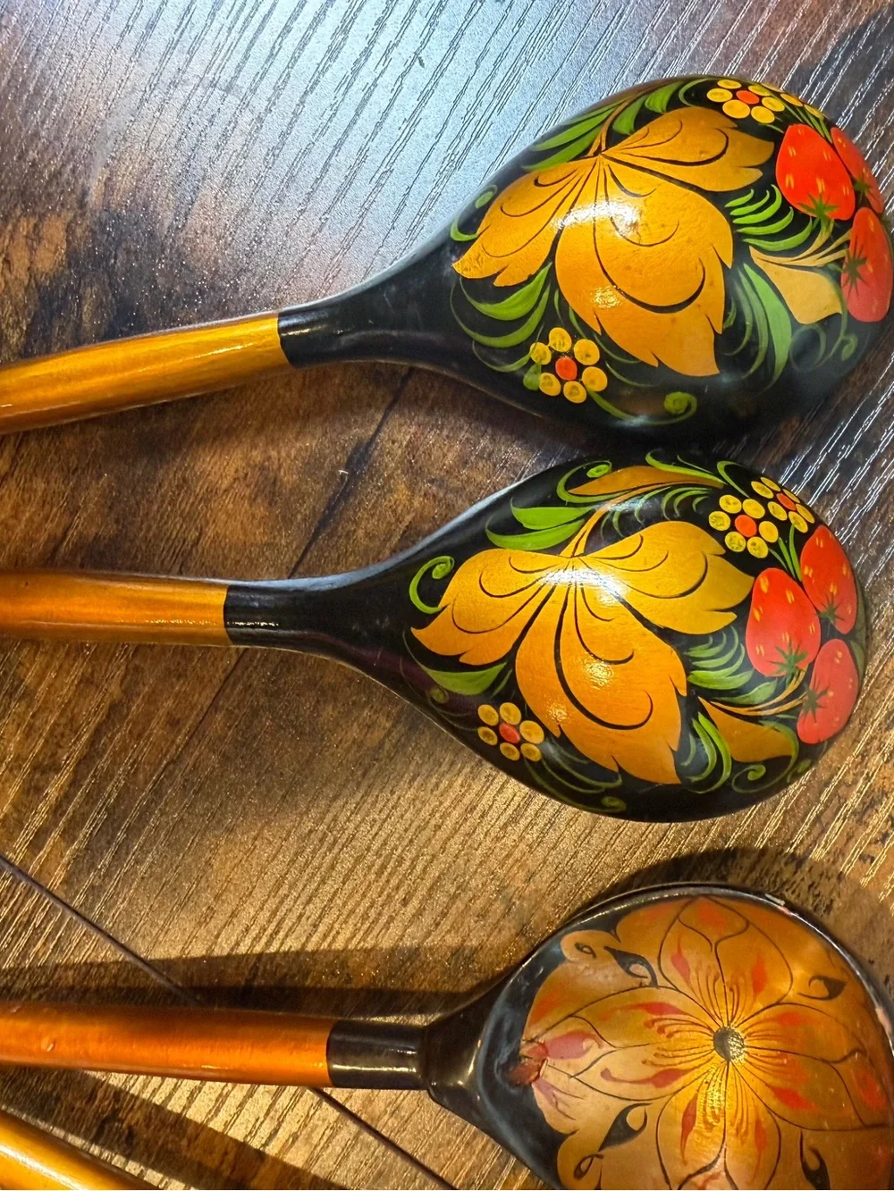 Hand-Painted Black and Gold Wooden Decorative Spoons Set of 5